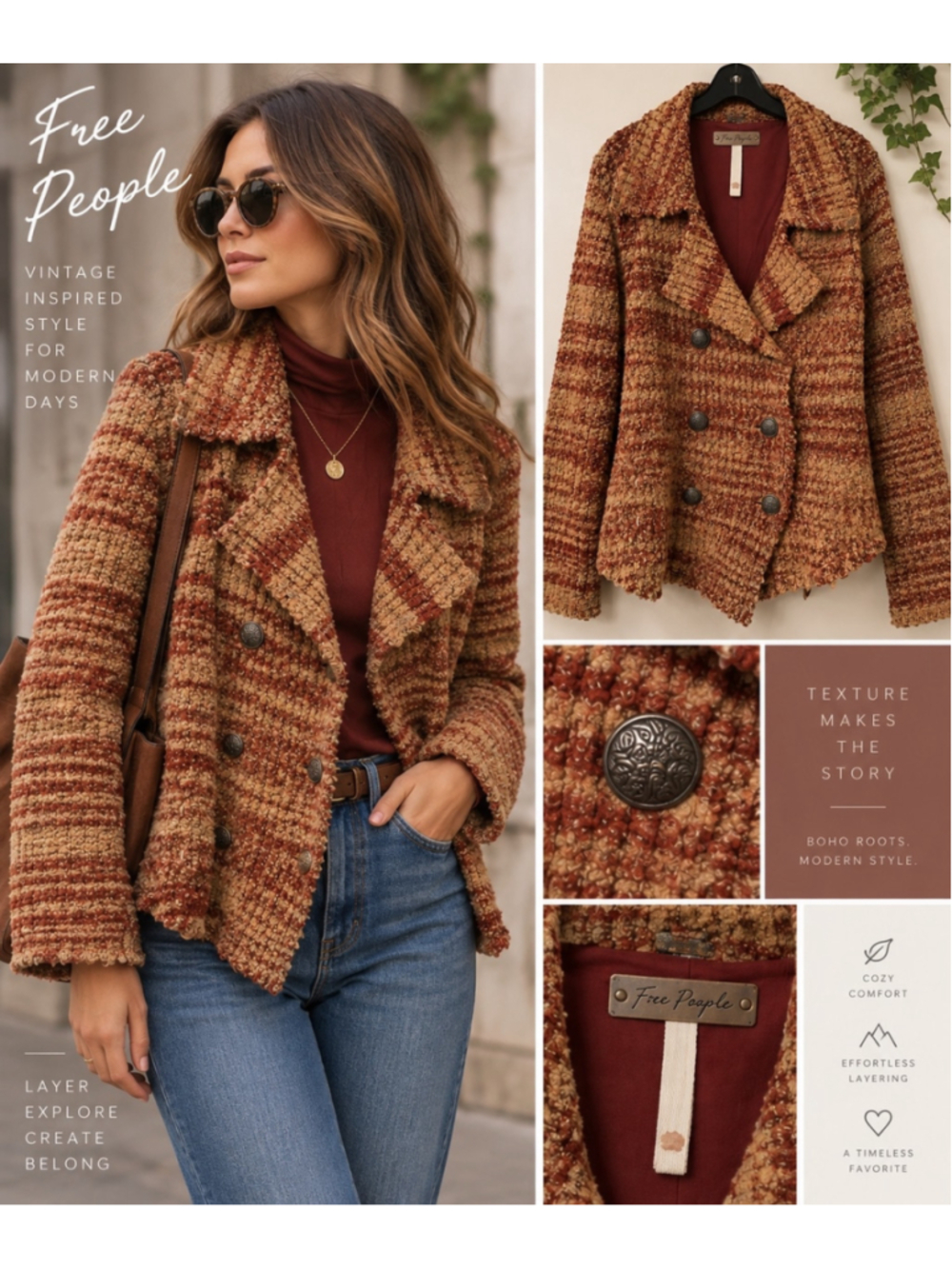 Free People XS Plaid Bouclé Wool Blend Double Breasted Jacket Coat Brown Rust